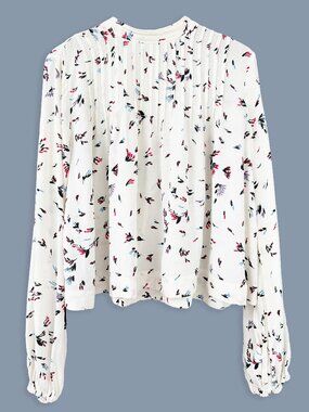 ☀️ GANNI Pleated Georgette Blouse Abstract Floral Egret Size 40 US 8/10